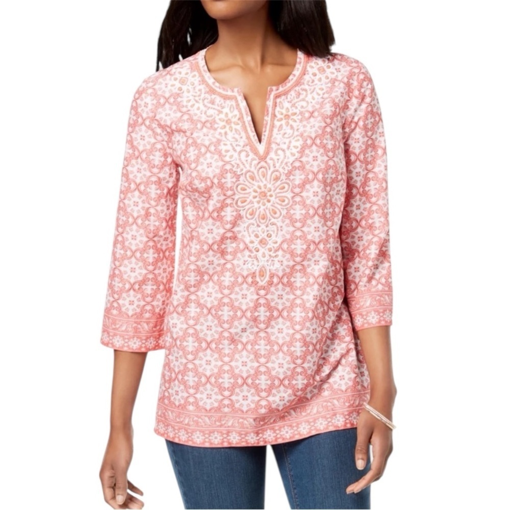 Charter Club Coral Boho Beaded Pattern Cotton Tunic Women's Size M